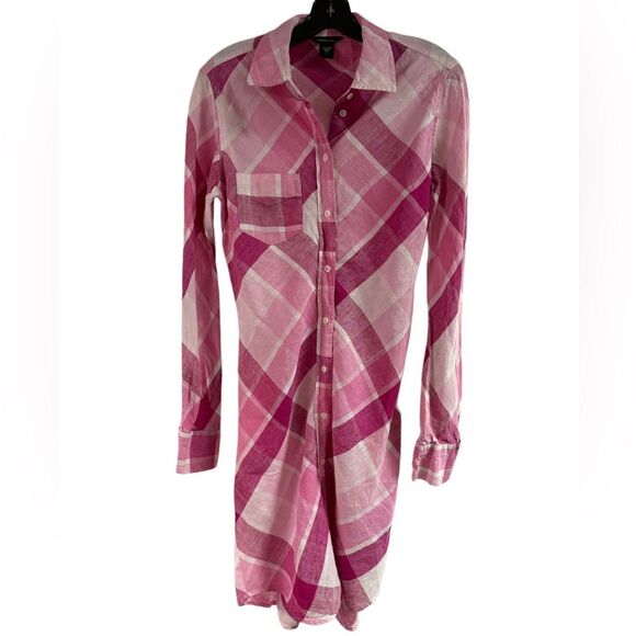 Moda International Linen Pink Plaid Button Down Dress Size 6 - Picture 1 of 4